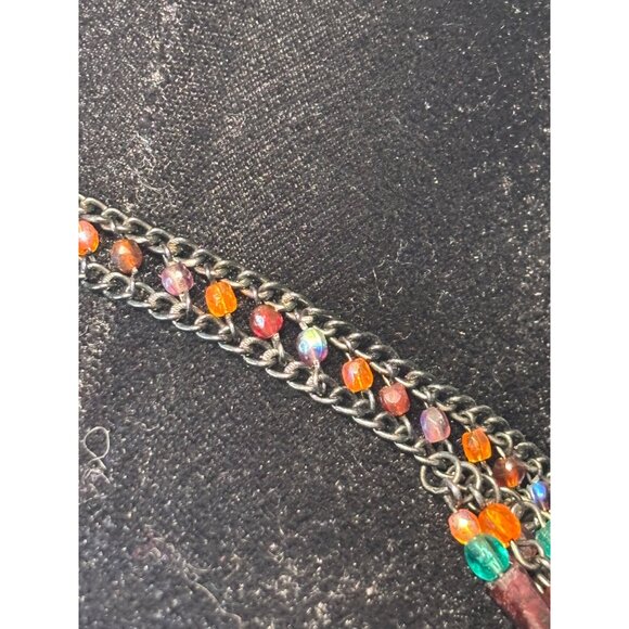 Colorful Beaded Fringe Necklace With Multicolor Glass Tube Beads & Festive Chain - Picture 7 of 9
